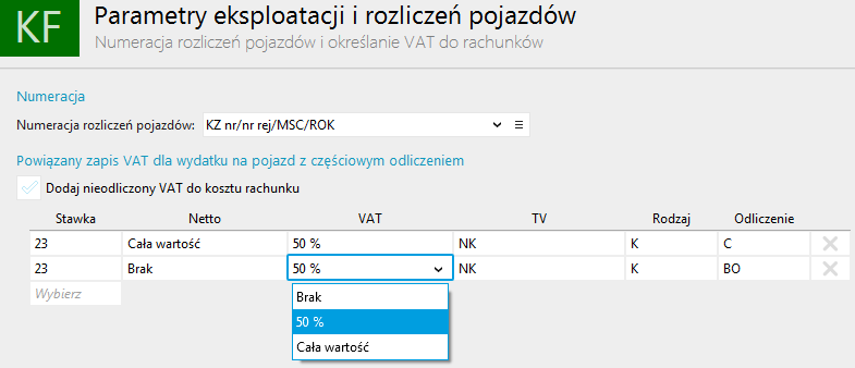 Użytkownik może ustawić sposób rozdzielania podatku dla zapisów z Częściowym odliczeniem od eksploatacji pojazdów.