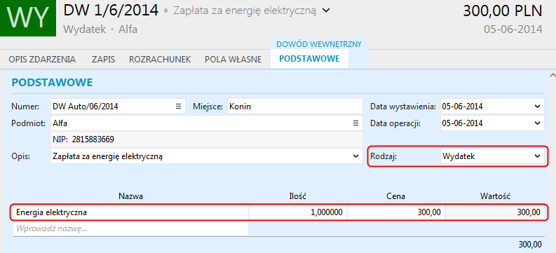 Możliwe jest także wprowadzanie Dowodów wewnętrznych z poziomu tworzonych zapisów w KPiR.