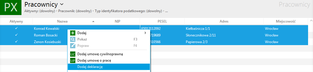 Zbiorcze wystawianie deklaracji PIT-11 (Ra, Re) W module Pracownicy możliwe jest wystawienie deklaracji PIT-11 dla wybranych lub wszystkich pracowników na raz.