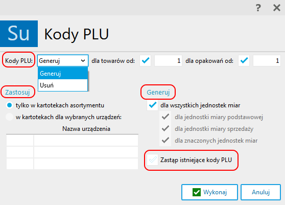 Dodano możliwość zbiorczego nadawania kodów PLU wybranych dla kartotek na jednostkę miary w widoku Asortyment albo w kartotece - domyślnie dla wszystkich urządzeń lub dla wybranych (Su) Opcja Kody