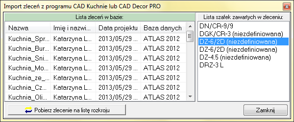 Rys. 47 importowanie kompletnego zlecenia z programu CAD Kuchnie 7) - otwiera okno Import szaf wnękowych z CAD Decor, CAD Kuchnie lub CAD Decor PRO (Rys. 48).
