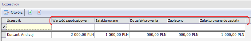 Rys. 9 Lista Szkolenia/Dokumenty handlowe Ostatnie dwie kolumny to workery. Pierwszy to Workers.PłatnościDokumentu.StanRozliczenia, a drugi Workers.DokumentZgłoszenieInfo.NumeryGrup.