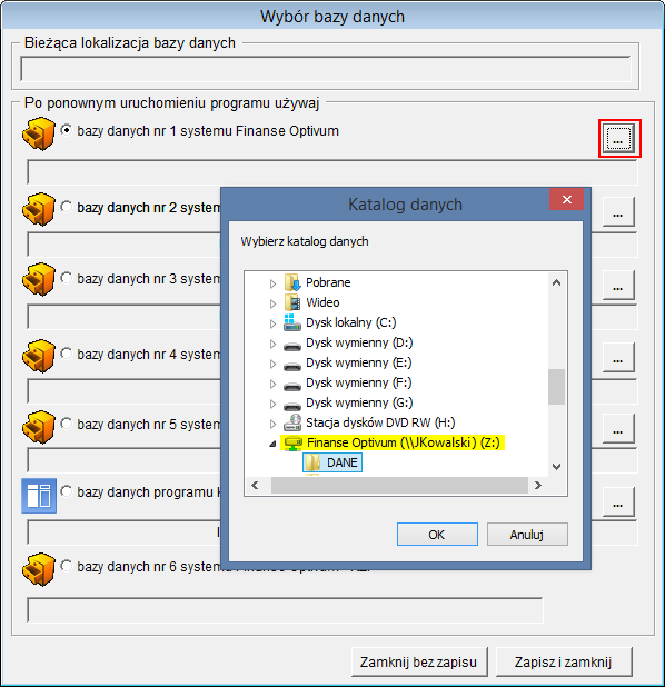 współużytkowania 4/5 3. Kliknij przycisk Zakończ. Wskazanie bazy danych w programie z pakietu Finanse Optivum zainstalowanym na końcówce roboczej 1. Uruchom program z pakietu Finanse Optivum, np.