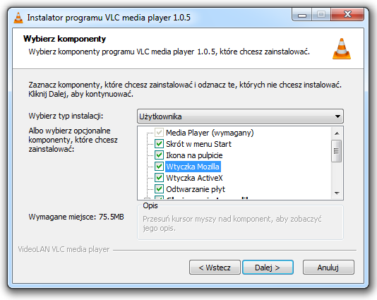 3. Wtyczka VLC W celu wykorzystania wtyczki odtwarzacza VLC użytkownik musi ściągnąć instalator programu i zainstalować