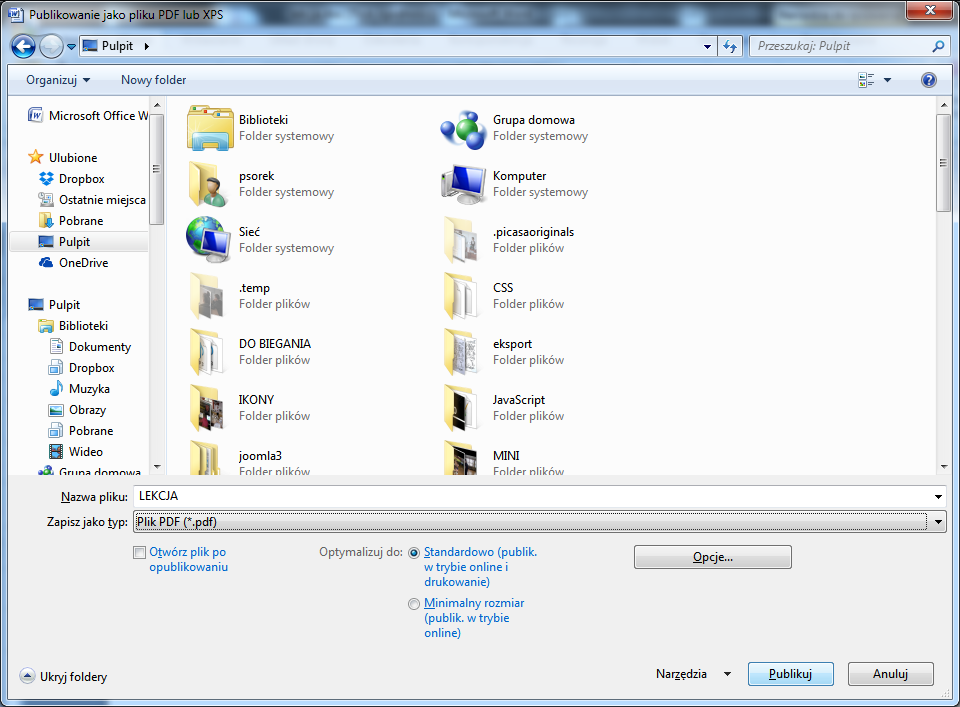 KONWERSJA DO PDF Korzystamy z pakietu Office. Dokument mamy przygotowany i zapisany. 1. Wybierz przycisk pakietu Office 2. Wybierz polecenie Zapisz jako 3. Wybierz polecenie PDF lub XPS 4.