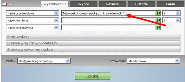 Następnie kliknij w zakładkę Szukaj bądź wciśnij Enter. Hasło zostanie przeniesione do pola Wyszukiwany ciąg znaków.