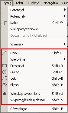 WproWadzenie obiektów Funkcja ta pozwala na WproWadzenie róznych typów obiektów. Kliknąć W menu «Rysuj».