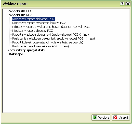 Raporty dla NFZ 1. Miesięczny raport deklaracji POZ JeŜeli zachodzi potrzeba wygenerowania miesięcznego raportu deklaracji POZ, naleŝy zaznaczyć ten typ raportu, następnie kliknąć przycisk Wybierz.