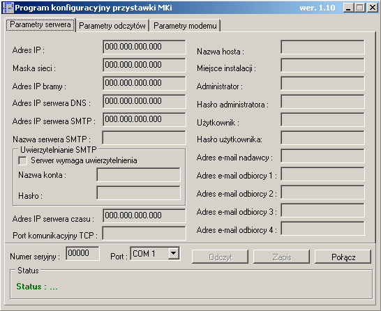 IV.4. Opis parametrów sieciowych (LAN) adres IP statyczny adres IP, maska sieci maska sieci komputerowej w której jest włączony moduł MKi-sm, adres IP bramy adres IP serwera pełniącego funkcję bramy