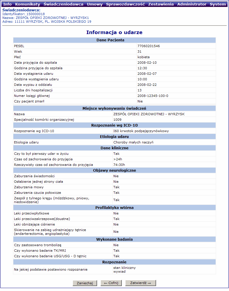 Rys. 10.8 Zatwierdzanie wprowadzonych informacji o udarze 10.