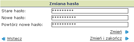 Modyfikacja danych konta użytkownika systemu Rysunek 3. Zmiana hasła. Hasło powinno składać się co najmniej z 5 znaków.