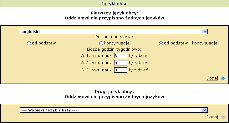 Etapy prac Jeżeli w danym oddziale nauczany będzie tylko jeden język obcy, wówczas formularz przeznaczony dla drugiego języka należy pozostawić pusty (pozostawiając w okienku listy wyboru języków