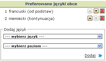 Etapy prac dodawanie preferencji do listy jeżeli na liście preferencji brakuje żądanego języka, należy wybrać jego nazwę oraz poziom nauczania z rozwijanych list i kliknąć przycisk Dodaj. Rysunek 46.