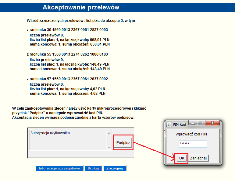 Informacje o nadawcy Informacje o odbiorcy Tytuł operacji 6 Akceptacja i przekazanie wielu list płac jedną autoryzacją użytkownika Aby zaakceptować wiele list płac jedną autoryzacją użytkownika