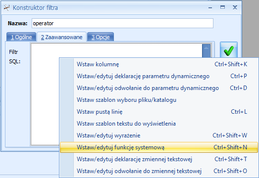 Funkcje systemowe Modyfikacją zaprezentowanego filtra może być taki filtr, który pokaże dokumenty aktualnie zalogowanego operatora. W tym celu można wykorzystać funkcje systemowe.