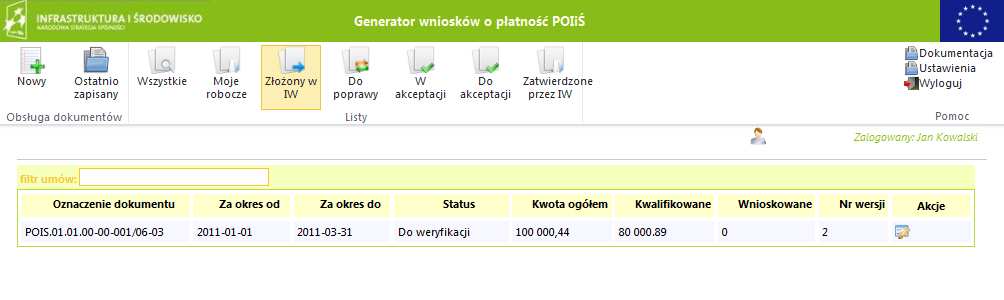 pośrednictwem e-puap, należy wybrać w pasku narzędziowym polecenie Złożony w IW.