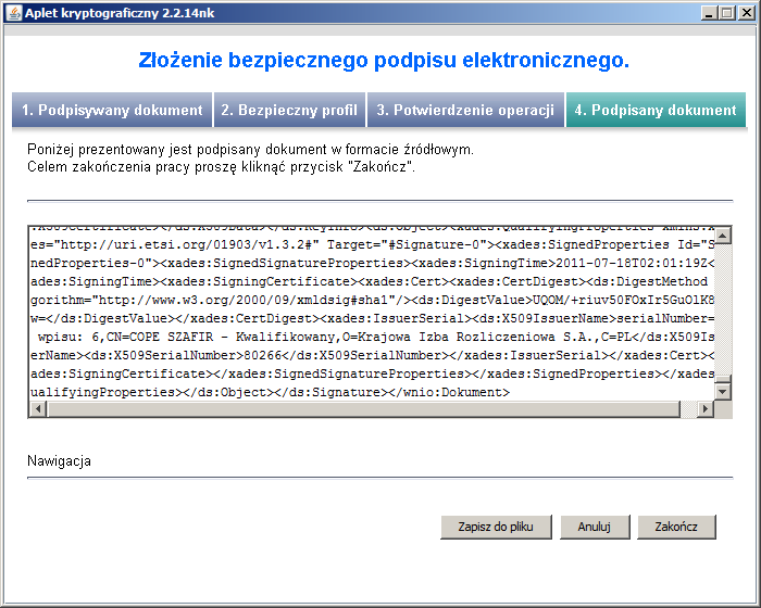 Po zakończeniu procesu podpisywania wniosku wyświetlony zostaje ekran z podsumowanie.