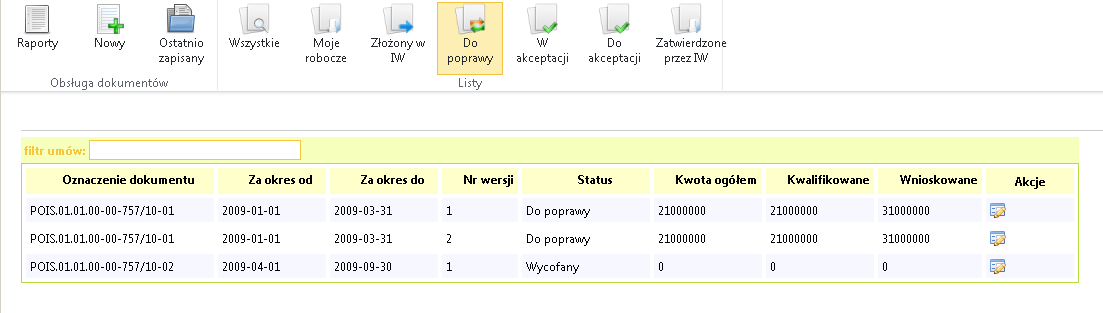 5 Poprawa wniosku cofniętego przez IW W przypadku konieczności poprawy wniosku wycofanego przez IW na poziom Beneficjenta należy wejść w szczegóły wniosku poprzez naciśnięcie ikony w kolumnie Akcje