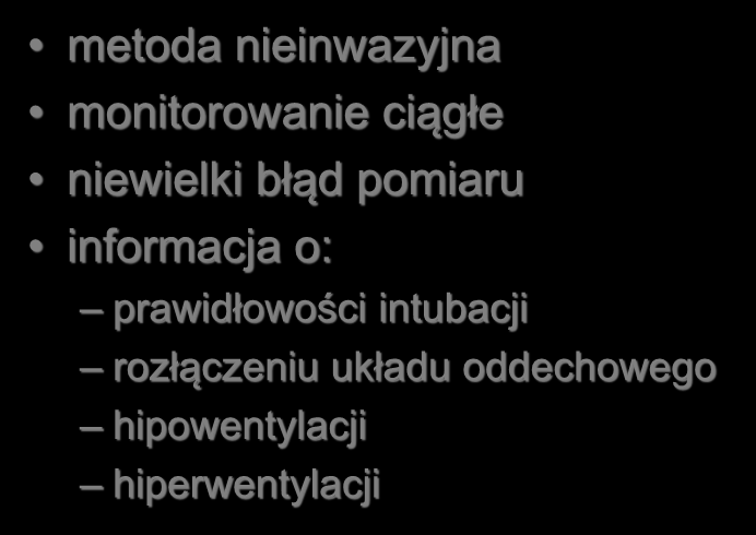 Zalety kapnografii metoda nieinwazyjna monitorowanie ciągłe niewielki błąd pomiaru