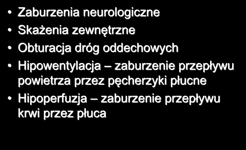 Zaburzenia wymiany gazowej Zaburzenia neurologiczne Skażenia zewnętrzne Obturacja dróg oddechowych