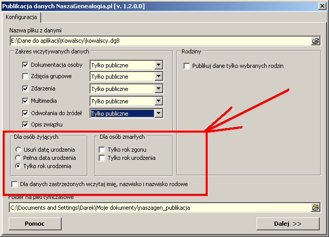 Następnie można zmienić odpowiednie wartości związane z datą urodzenia dla osób żyjących, rokiem zgonu dla osób zmarłych, a także określić, czy dla danych zastrzeżonych ma być wczytywane imię,