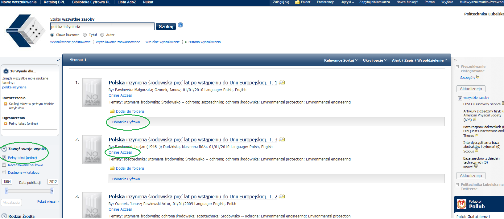 zaznaczamy kolekcję Biblioteki Cyfrowej PL, następnie wybieramy link pod opisem pozycji.