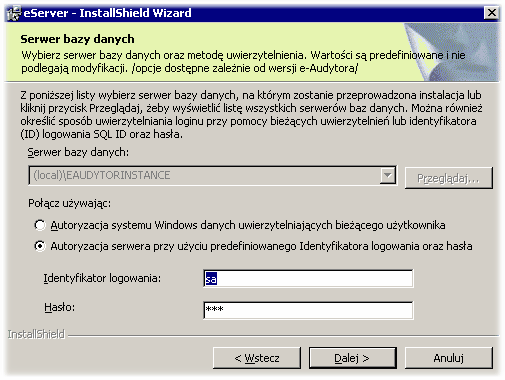4 Instalacja komponentu eserver na SQL Serwerze 2000 przy istniejącej instancji EAUDYTORINSTANCE b) wprowadzamy adres IP lub unikatową nazwę komputera, na który eagenci będą przesyłać dane.