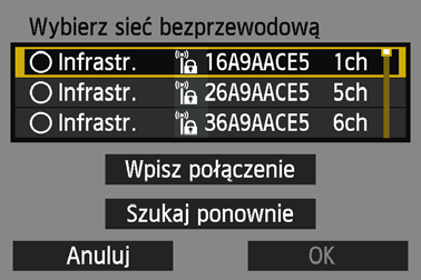 Ręczne łączenie poprzez wyszukiwanie sieci 116 4 5 Wybierz pozycję [Znajdź sieć]. Użyj przycisku <V>, aby wybrać pozycję [Znajdź sieć], a następnie naciśnij przycisk <0>.