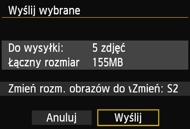 Wysyłanie obrazów do serwisu internetowego Zmniejszanie rozmiaru wysłanego obrazu Po wybraniu opcji [Wyślij wybrane] można także określić rozmiary wysyłanych obrazów na ekranie potwierdzenia.