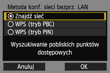 Ręczne łączenie poprzez wyszukiwanie sieci Wybieranie sieci bezprzewodowej Po wybraniu pozycji [Znajdź sieć] jest wyświetlana lista aktywnych punktów dostępu znajdujących się w pobliżu i informacje o