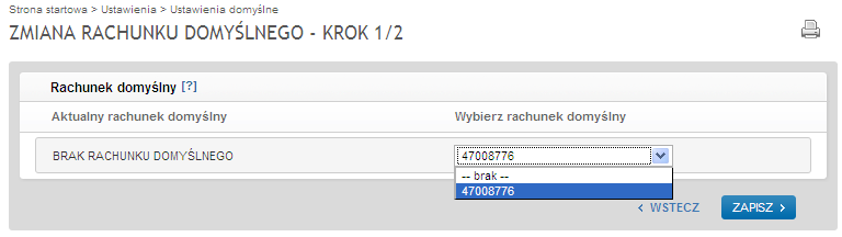 Rys. 2. Ustawienia domyślne. W sekcji Rachunek domyślny moŝna zdefiniować lub zmienić rachunek inwestycyjny wskazany jako domyślny.