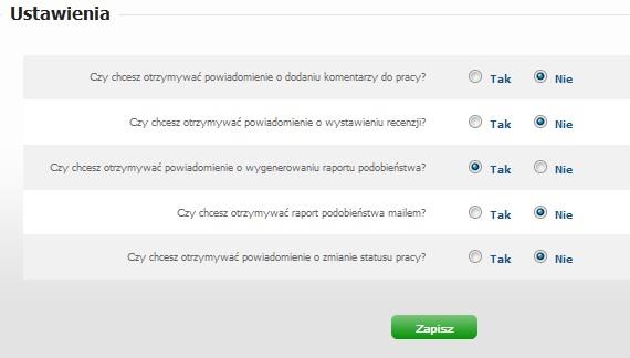 Rysunek 3. Edycja ustawień. 4. Dane użytkownika Użytkownik systemu ASAP nie ma możliwości wprowadzenia zmian w swoich danych.