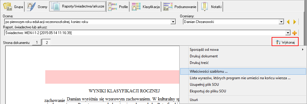 Ocenianie opisowe Optivum. Jak przygotować i wydrukować świadectwa lub arkusze ocen? 5/8 Tekst redagowany w okienku Edycja pola jest na bieżąco synchronizowany z polem widocznym na obrazie dokumentu.
