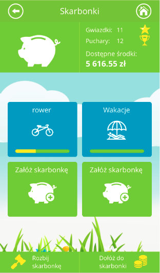- Gwiazdki dziecko zdobywa za założenie nowej skarbonki oraz za każdą kwotę, jaka wpłynie na konto, - Puchar dziecko zdobywa za zgromadzenie 15 gwiazdek oraz zgromadzenie w skarbonce ustalonej