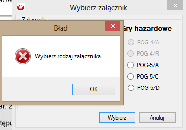 PrtSc 13 - wybór załącznika W przykładzie powyżej wyświetlone jest okno wyboru załącznika dla deklaracji POG-5. W związku z czym aktywne są tylko te załączniki, które są związane z daną deklaracją.