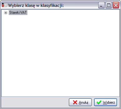 4. W nowo otwartym oknie należy rozwinąć klasyfikację STAWKI VAT dwukrotnie klikając na niej myszką (lub klikając raz na