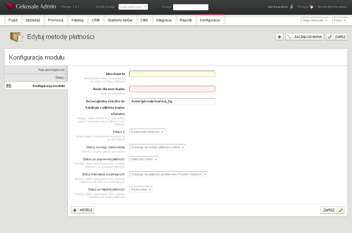 Rysunek 2: Konfiguracja modułu płatności eservice Merchant ID W polu tym należy wprowadzić identyfikator Akceptanta otrzymany z eservice.