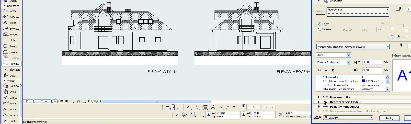 Rys. 8. Okno dialogowe ustawienia konstrukcji dachu W zakładce Ustawienia przekroju/elewacji możemy kontrolować i dokonywać zmian podczas powstawania projektu.