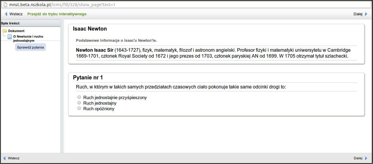 Rys.14 Lekcja interaktywna Sprawdzian Po otworzeniu sprawdzianu pojawi się okno z listą stron sprawdzianu w lewej kolumnie i aktualną stroną po prawej.