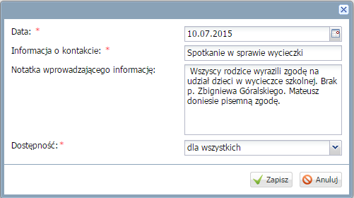 Korzystanie z dziennika oddziału W oknie Edycja dodatkowych informacji uzupełnić pola: Samorząd klasowy, Rada klasowa rodziców, Inne (opcjonalnie).