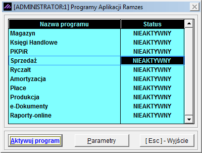 KONFIGURACJA: Aktywacja programów: SPRZEDAŻ PKPiR RYCZAŁT KSIĘGI HANDLOWE