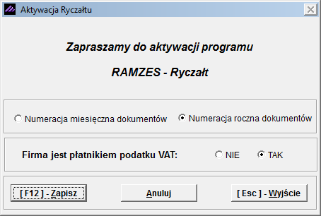 KONFIGURACJA: Aktywacja programów: SPRZEDAŻ PKPiR RYCZAŁT KSIĘGI HANDLOWE