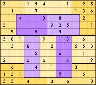 Rozwiąż sudoku. Uzupełnij kolorowe pola (12 kratek) rozwinięciem liczby π do 11 cyfry po przecinku. W pionie i poziomie mogą powtarzad się tylko liczby rozwinięcia.