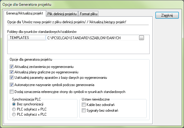 Automatyczne generowanie i aktualizacja projektów Ustawienia dla Generatora Projektu Gdy wybrałeś Narzędzia => Generator projektu i kliknąłeś na Opcje, możesz określić ustawienia dla pliku definicji