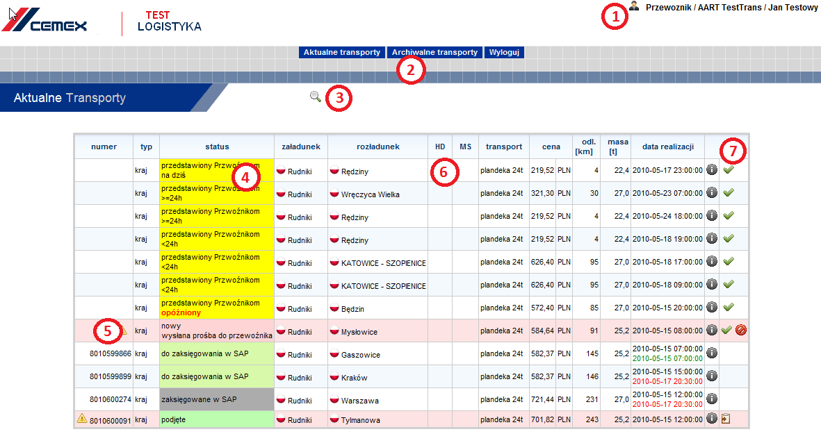 2. Strona główna Po zalogowaniu się widoczna jest (zob. rysunek 2) strona główna zawierająca spis aktualnych transportów.