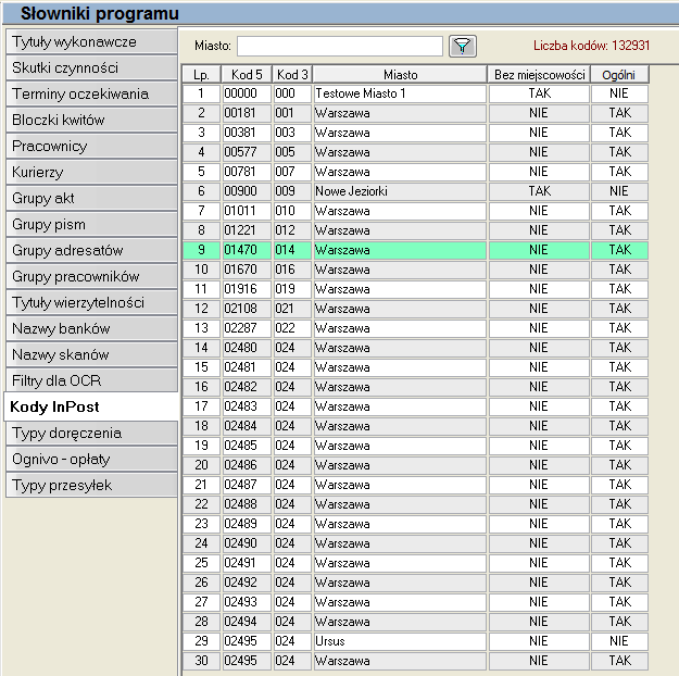 Rysunek 1 Lista kodów InPost w aplikacji Komornik SQL Konfiguracja opłat za przesyłkę Kolejnym krokiem konfiguracji modułu, jest określenie wysokości opłat