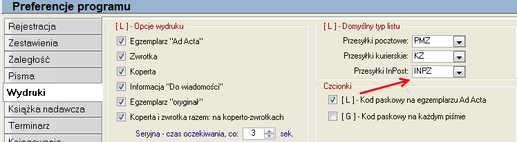 Preferencje Konfiguracja wydruków Rysunek 6 Okno konfiguracji wydruków Nie zawsze jednak użytkownik chce wysłać przesyłkę której typ wskazany jest w konfiguracji