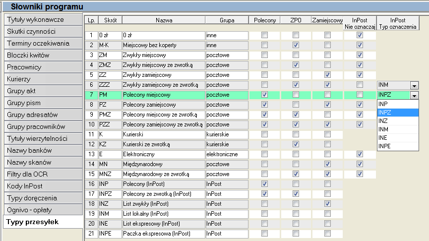 Rysunek 7 Okno Konfiguracji typów przesyłek Konfiguracja typów przesyłek sprowadza się do zaznaczenia lub odznaczenia opcji w kolumnie InPost nie oznaczaj dla danego typu przesyłki, a następnie (przy