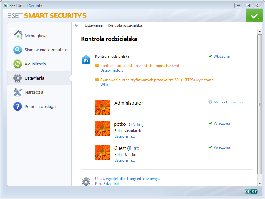 Po kliknięciu opcji Kontrola rodzicielska w okienku Ustawienia w oknie głównym programu ESET Smart Security widoczne będzie okno główne podzielone na trzy sekcje. 1.