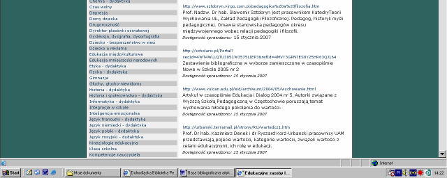 Baza Edukacyjne zasoby Internetu jest doskonałym uzupełnieniem zarówno dla bazy artykułów z czasopism-edukacja jak i katalogu dzieł zwartych, filmów i płyt CD.